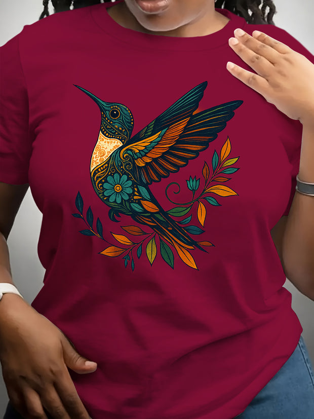 Women’s Dark Grey Bird Graphic T-Shirt – Casual Short Sleeve Top