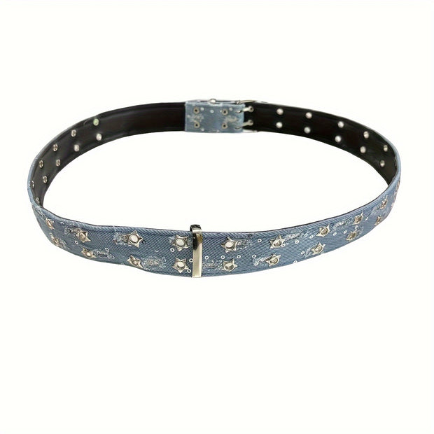 [Punk Star Belt] Black Punk Style Star Embellished Double Buckle Waist Belt | Regular Size for Casual, Party & Casual Attire with Metallic Hardware