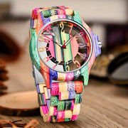 Wooden Analog Quartz Watch – Colorful Hollow Dial, Stylish Gift for Him or Her