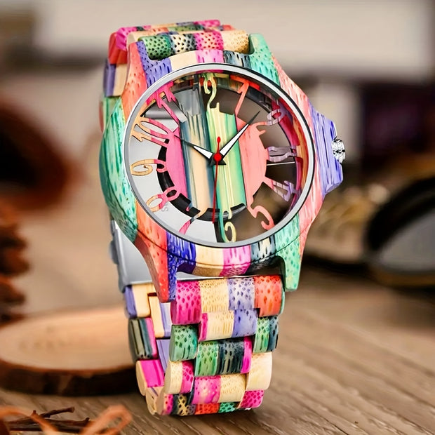 Wooden Analog Quartz Watch – Colorful Hollow Dial, Stylish Gift for Him or Her