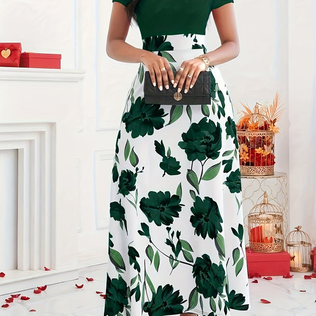 Women’s Floral Maxi Dress – Elegant Short Sleeve High-Waist Dress