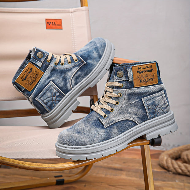 Vintage Style High-Top Casual Denim Boots for Men, Solid Color Fabric Upper with PVC Sole, Round Toe Lace-Up Short Boots, All-Season Wear, Retro Design with Decorative Stitching And Button Closure, Comfortable Fabric Inner, R