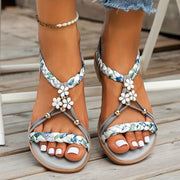 2025 New Women's Elegant Floral Woven Flat Sandals with Adjustable Ankle Strap & Beaded Embellishments - Slip-On Open-Toe Summer Beach Shoes, Breathable Fabric Upper & Lining, Non-Slip Rubber Sole for Casual Vacations, Strapp