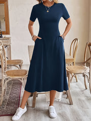 Women’s Black Midi Dress – A-Line Short Sleeve Elegant Work Dress