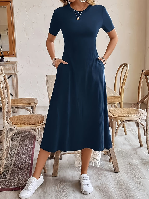 Women’s Black Midi Dress – A-Line Short Sleeve Elegant Work Dress