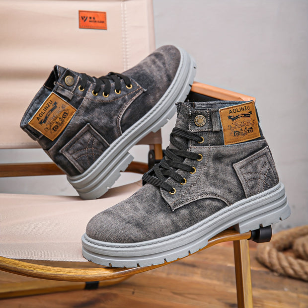 Vintage Style High-Top Casual Denim Boots for Men, Solid Color Fabric Upper with PVC Sole, Round Toe Lace-Up Short Boots, All-Season Wear, Retro Design with Decorative Stitching And Button Closure, Comfortable Fabric Inner, R