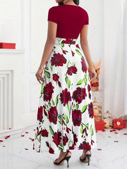 Women’s Floral Maxi Dress – Elegant Short Sleeve High-Waist Dress