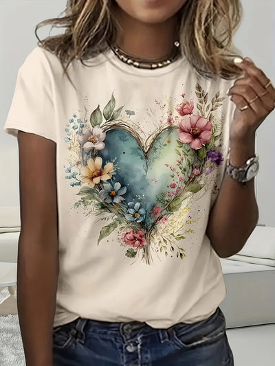 Women’s Floral Heart T-Shirt – Soft Beige Short Sleeve Casual Top