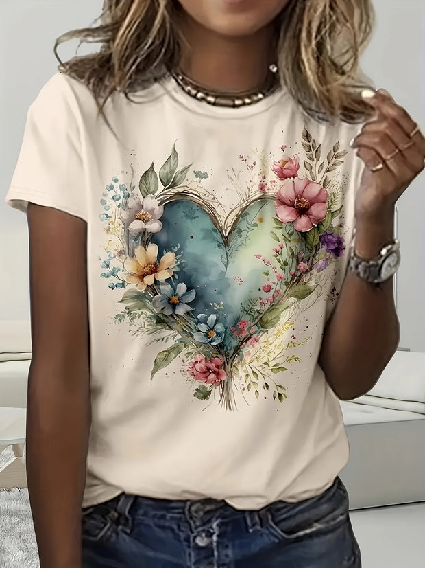 Women’s Floral Heart T-Shirt – Soft Beige Short Sleeve Casual Top