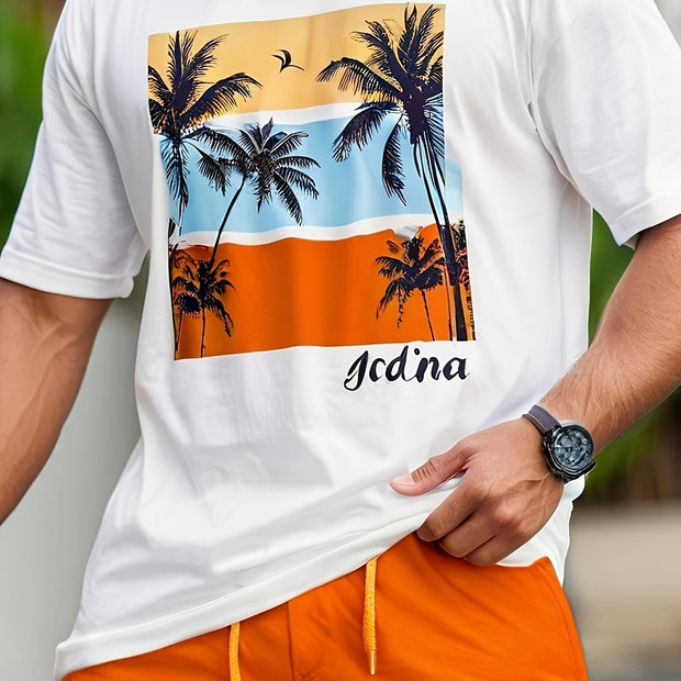 Men’s Summer Cotton T-Shirt – Casual Short Sleeve Tropical Palm Tee