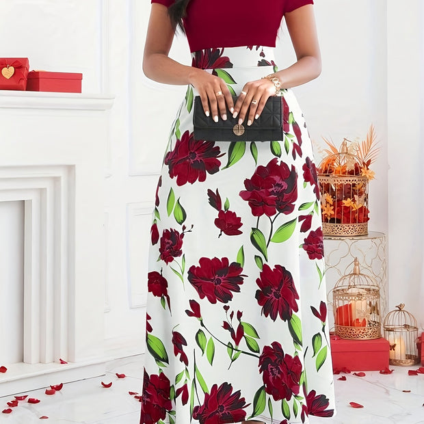 Women’s Floral Maxi Dress – Elegant Short Sleeve High-Waist Dress
