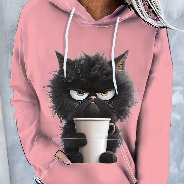 Pink Cartoon Cat Print Hoodie – Women’s Casual Pullover with Drawstring & Kangaroo Pocket