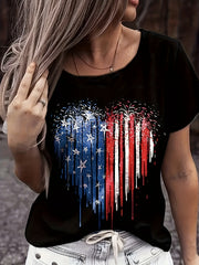 Women’s Vibrant American Flag V-Neck T-Shirt – Soft Cotton Knit Tee, Patriotic Short Sleeve Shirt for Summer & 4th of July Events