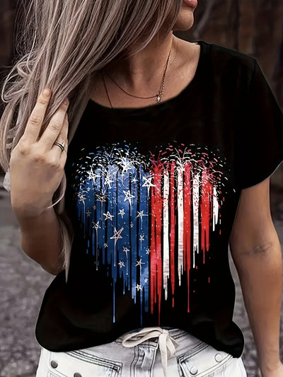 Women’s Vibrant American Flag V-Neck T-Shirt – Soft Cotton Knit Tee, Patriotic Short Sleeve Shirt for Summer & 4th of July Events