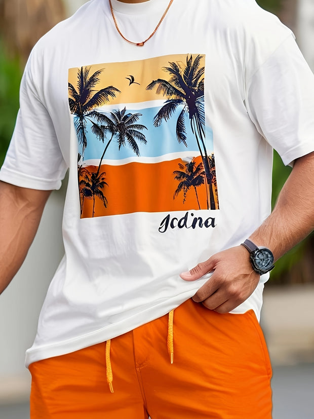 Men’s Summer Cotton T-Shirt – Casual Short Sleeve Tropical Palm Tee