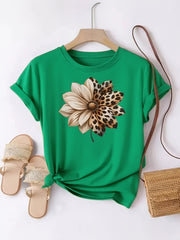 Women’s Brown Cotton T-Shirt – Leopard Floral Patchwork Casual Top