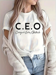 Fashionable Letter Cartoon Print Women'S Round Neck T-Shirt, Simple Design, Comfortable And Breathable, Suitable for Daily Leisure And Versatile, Showing a Natural And Elegant Style, a Must-Have for Summer Parties, Local Deli