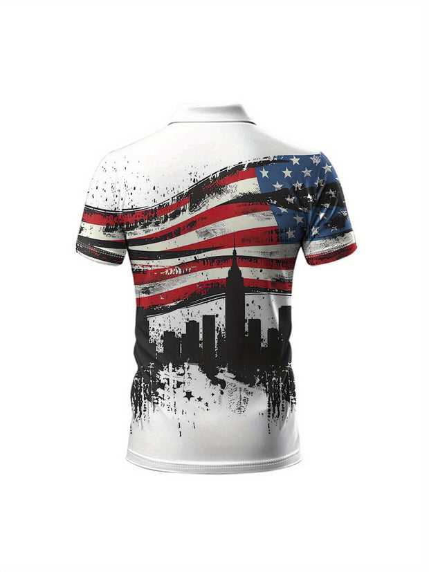 Men’s American Flag & Cityscape Print Shirt – Breathable Polyester Short Sleeve for Golf, BBQ, Vacation