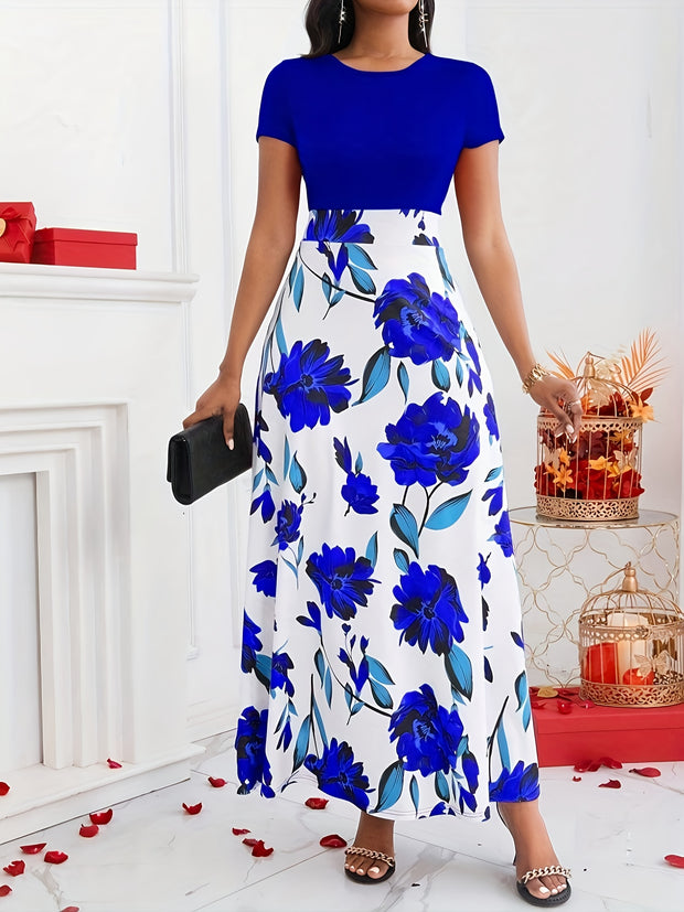 Women’s Floral Maxi Dress – Elegant Short Sleeve High-Waist Dress