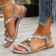 2025 New Women's Elegant Floral Woven Flat Sandals with Adjustable Ankle Strap & Beaded Embellishments - Slip-On Open-Toe Summer Beach Shoes, Breathable Fabric Upper & Lining, Non-Slip Rubber Sole for Casual Vacations, Strapp