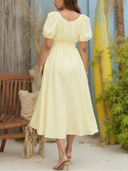 Women’s Summer Boat Neck Bubble Sleeve Dress – Elegant Fitted Style