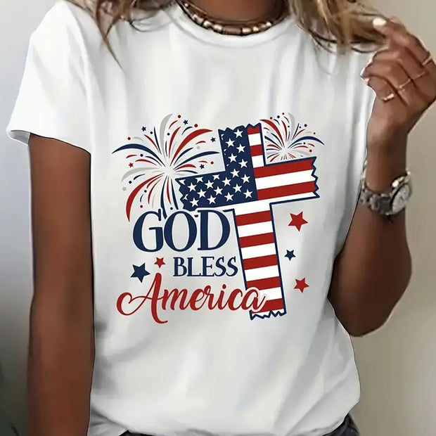 Women's Patriotic "GOD Bless AMERICA" T-Shirt – American Flag Cross & Fireworks Print, Short Sleeve Cotton Tee for 4th of July, Independence Day & USA Pride
