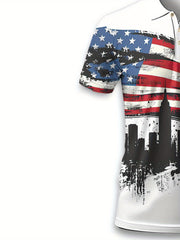 Men’s American Flag & Cityscape Print Shirt – Breathable Polyester Short Sleeve for Golf, BBQ, Vacation