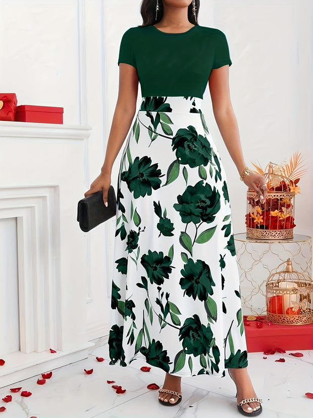 Women’s Floral Maxi Dress – Elegant Short Sleeve High-Waist Dress