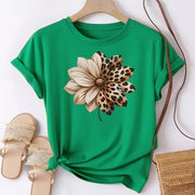 Women’s Brown Cotton T-Shirt – Leopard Floral Patchwork Casual Top