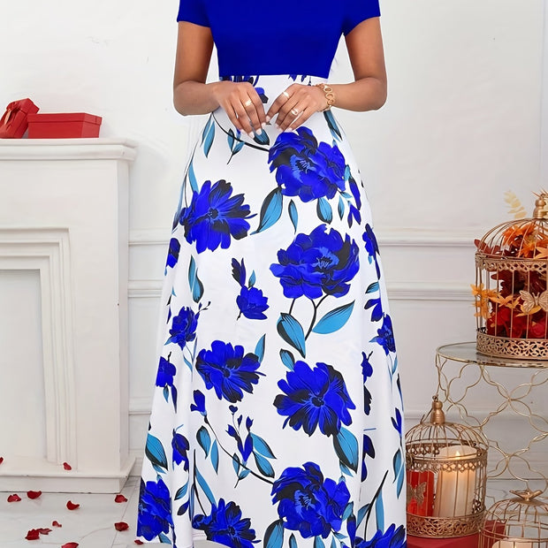 Women’s Floral Maxi Dress – Elegant Short Sleeve High-Waist Dress