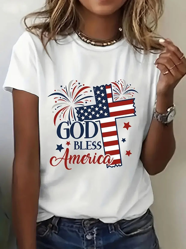 Women's Patriotic "GOD Bless AMERICA" T-Shirt – American Flag Cross & Fireworks Print, Short Sleeve Cotton Tee for 4th of July, Independence Day & USA Pride