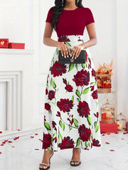 Women’s Floral Maxi Dress – Elegant Short Sleeve High-Waist Dress