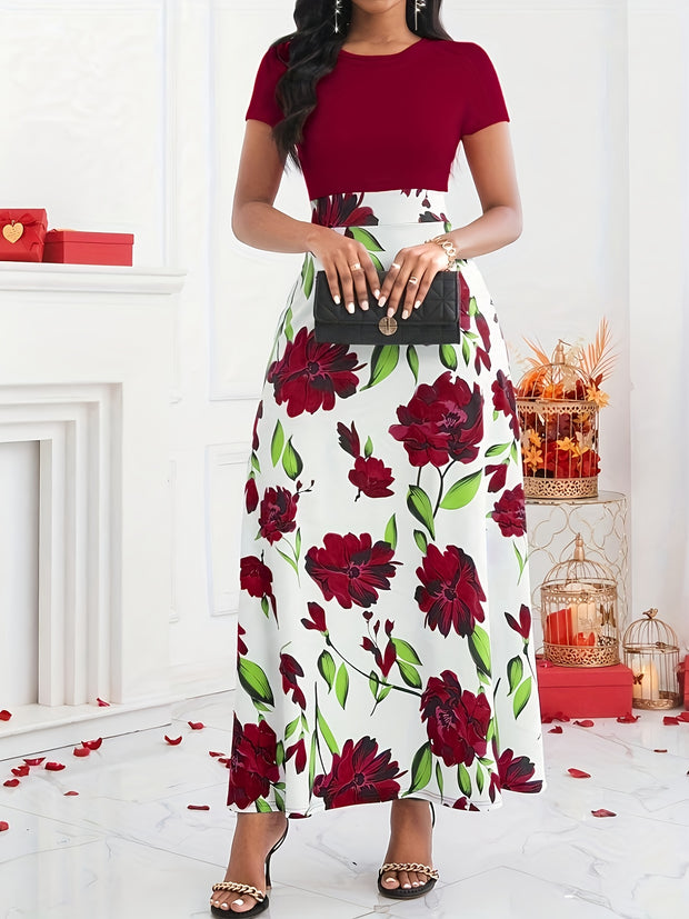 Women’s Floral Maxi Dress – Elegant Short Sleeve High-Waist Dress