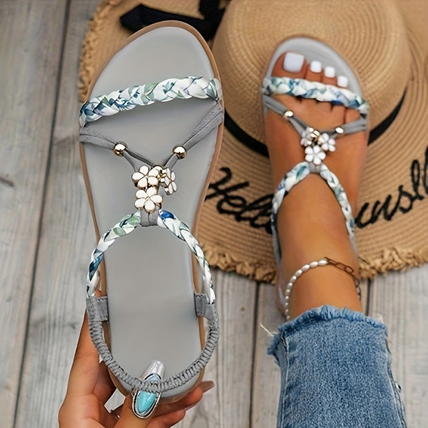 2025 New Women's Elegant Floral Woven Flat Sandals with Adjustable Ankle Strap & Beaded Embellishments - Slip-On Open-Toe Summer Beach Shoes, Breathable Fabric Upper & Lining, Non-Slip Rubber Sole for Casual Vacations, Strapp
