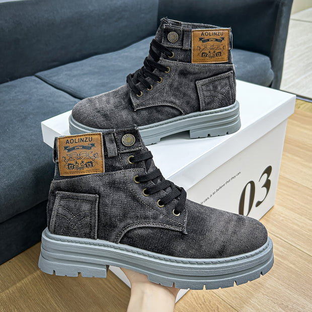 Vintage Style High-Top Casual Denim Boots for Men, Solid Color Fabric Upper with PVC Sole, Round Toe Lace-Up Short Boots, All-Season Wear, Retro Design with Decorative Stitching And Button Closure, Comfortable Fabric Inner, R