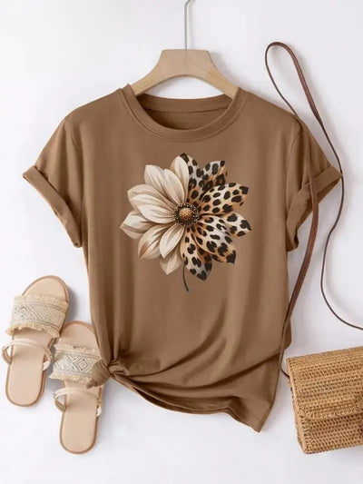 Women’s Brown Cotton T-Shirt – Leopard Floral Patchwork Casual Top