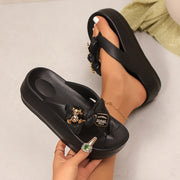 Women’s Summer Platform Flip-Flops – Cute Bow Slides with Teddy Bear Charm