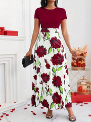 Women’s Floral Maxi Dress – Elegant Short Sleeve High-Waist Dress