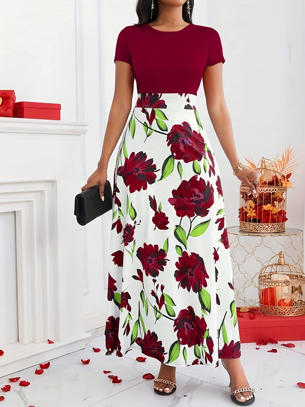 Women’s Floral Maxi Dress – Elegant Short Sleeve High-Waist Dress
