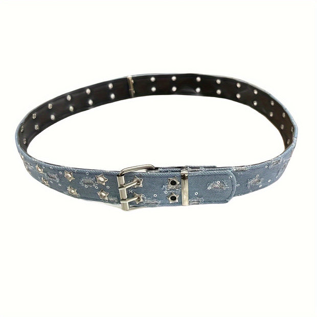[Punk Star Belt] Black Punk Style Star Embellished Double Buckle Waist Belt | Regular Size for Casual, Party & Casual Attire with Metallic Hardware