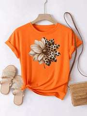 Women’s Brown Cotton T-Shirt – Leopard Floral Patchwork Casual Top