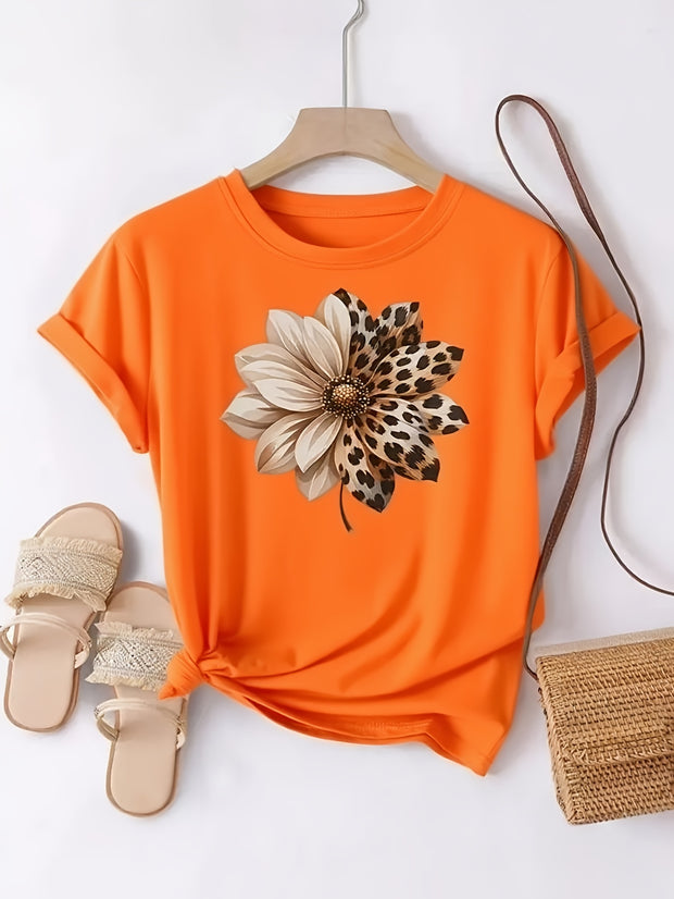 Women’s Brown Cotton T-Shirt – Leopard Floral Patchwork Casual Top