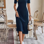 Women’s Black Midi Dress – A-Line Short Sleeve Elegant Work Dress