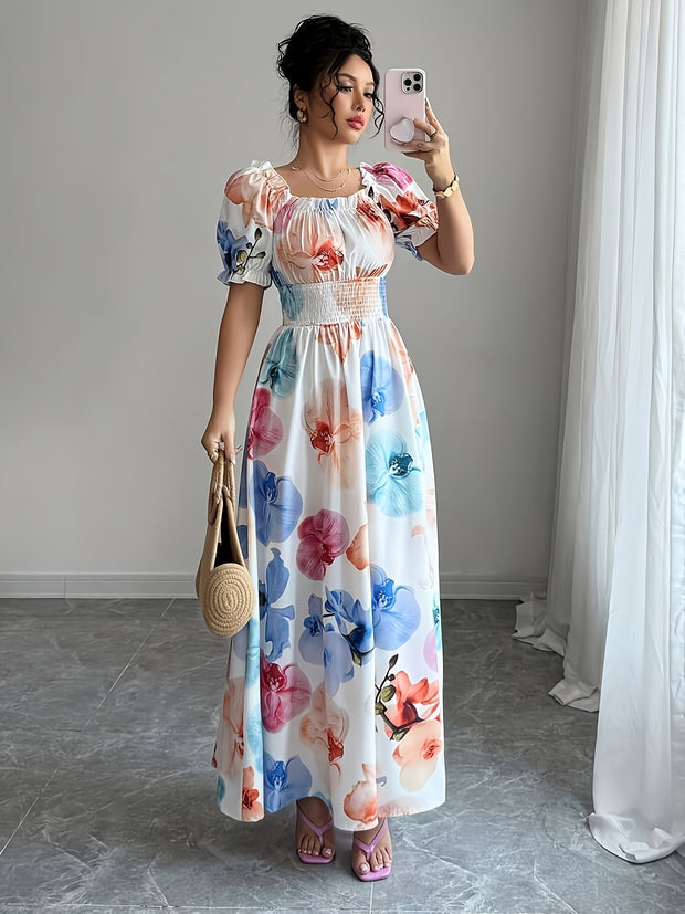 Elegant Floral Print Maxi Dress with Ruffle Sleeves and Lantern Sleeves - Notch Neck, A-Line Silhouette, Flowy Design for Spring/Summer/Fall, Spring Fashion | Flowy Sleeve Dress | Notch Neck Design, Cute Dresse