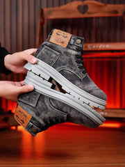 Vintage Style High-Top Casual Denim Boots for Men, Solid Color Fabric Upper with PVC Sole, Round Toe Lace-Up Short Boots, All-Season Wear, Retro Design with Decorative Stitching And Button Closure, Comfortable Fabric Inner, R