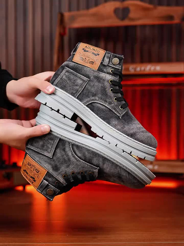 Vintage Style High-Top Casual Denim Boots for Men, Solid Color Fabric Upper with PVC Sole, Round Toe Lace-Up Short Boots, All-Season Wear, Retro Design with Decorative Stitching And Button Closure, Comfortable Fabric Inner, R