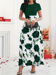 Women’s Floral Maxi Dress – Elegant Short Sleeve High-Waist Dress