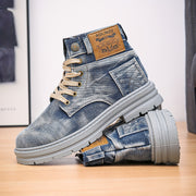 Vintage Style High-Top Casual Denim Boots for Men, Solid Color Fabric Upper with PVC Sole, Round Toe Lace-Up Short Boots, All-Season Wear, Retro Design with Decorative Stitching And Button Closure, Comfortable Fabric Inner, R