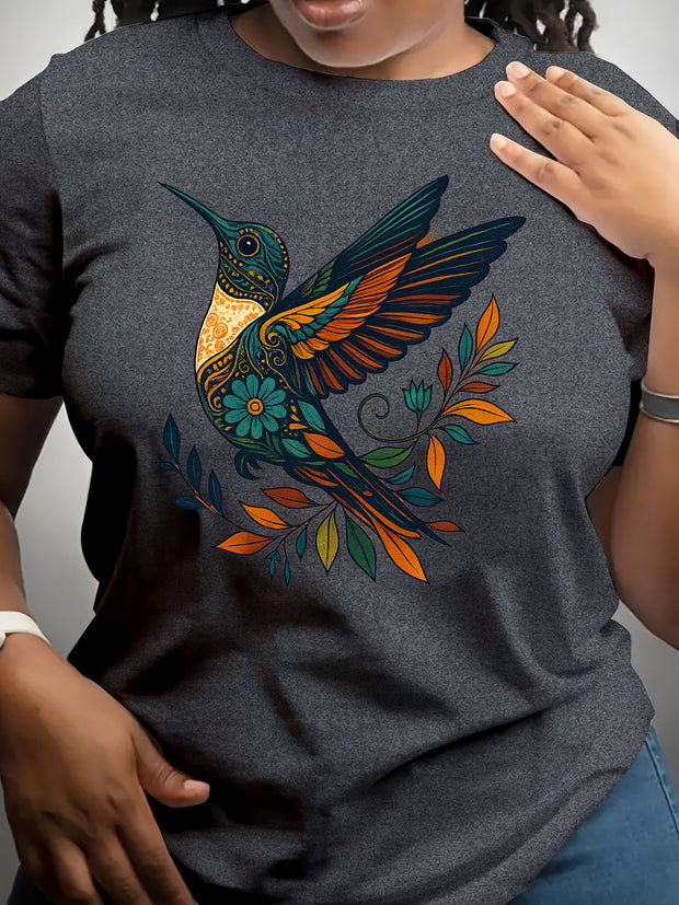 Women’s Dark Grey Bird Graphic T-Shirt – Casual Short Sleeve Top