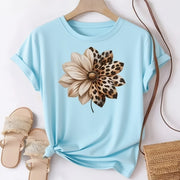 Women’s Brown Cotton T-Shirt – Leopard Floral Patchwork Casual Top
